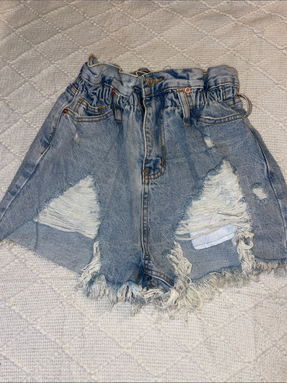 Fashion Nova Light Wash Distressed Paperbag Denim Shorts